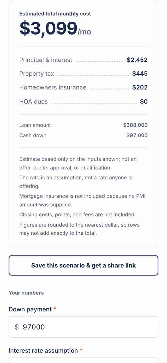 A property page for 41 Alder Street showing a monthly cost worked out from the reader's own figures, each labelled with its source. Sample data.