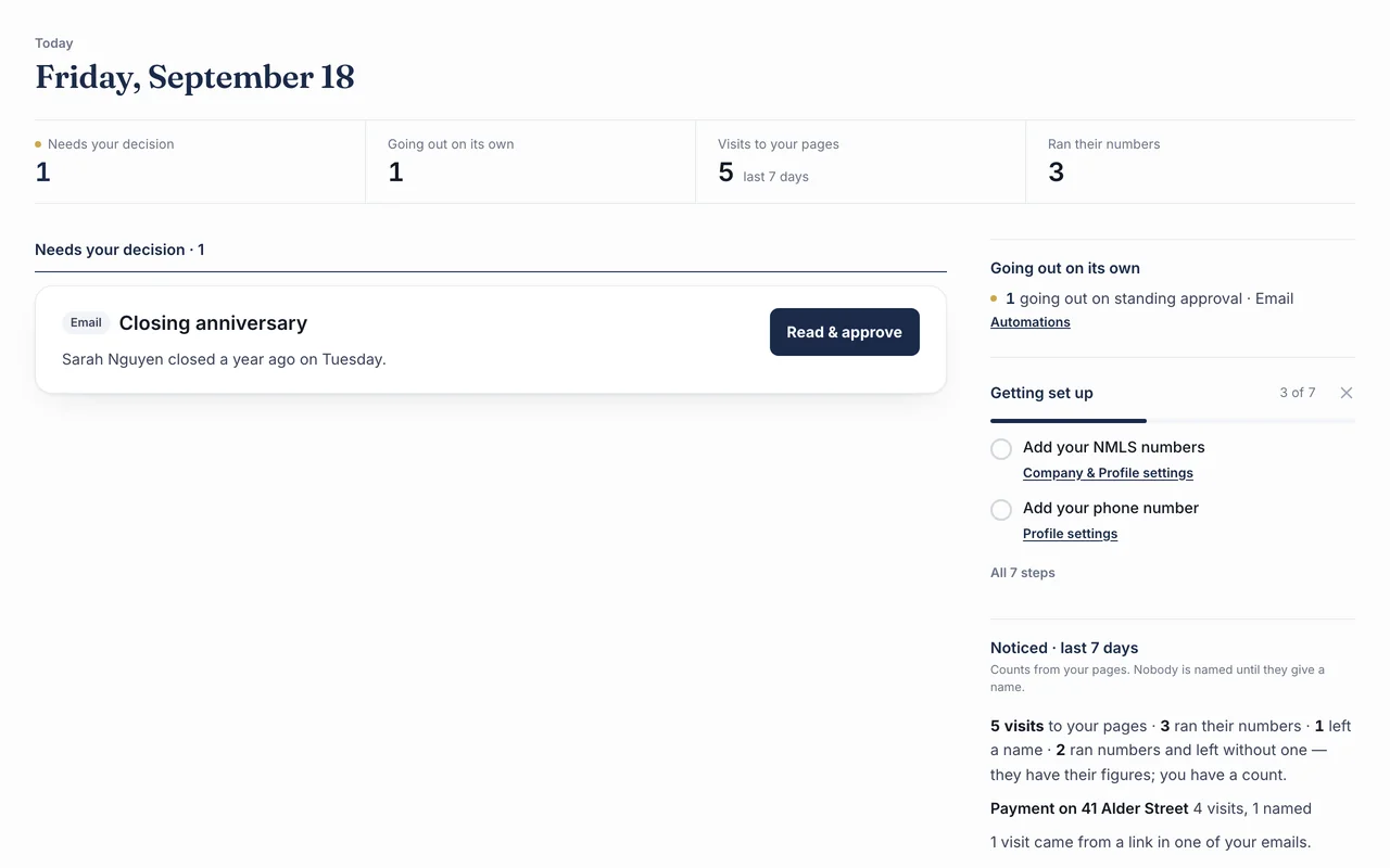 Today: Each draft waits here. Open one with Read & approve. Sample data.