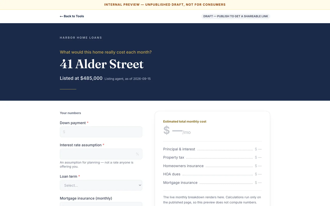 Tools: Preview shows the page as a client would see it, before anyone else does. Sample data.