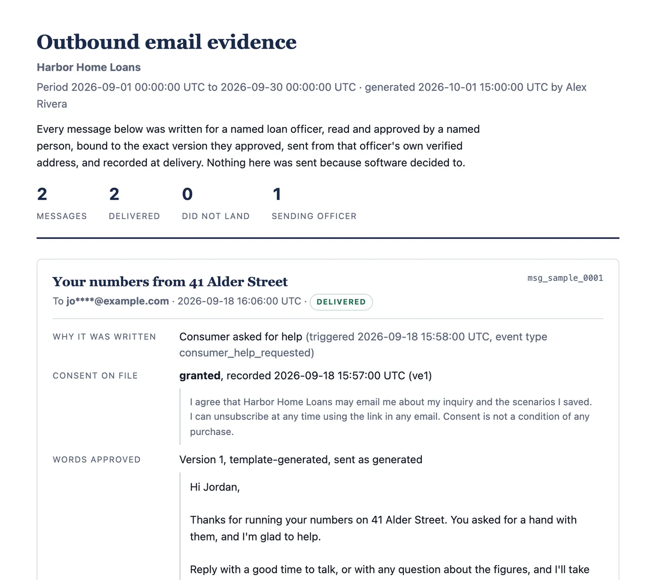 The first page of an evidence export: the company, the period, the count of emails and how each was approved. Sample data.